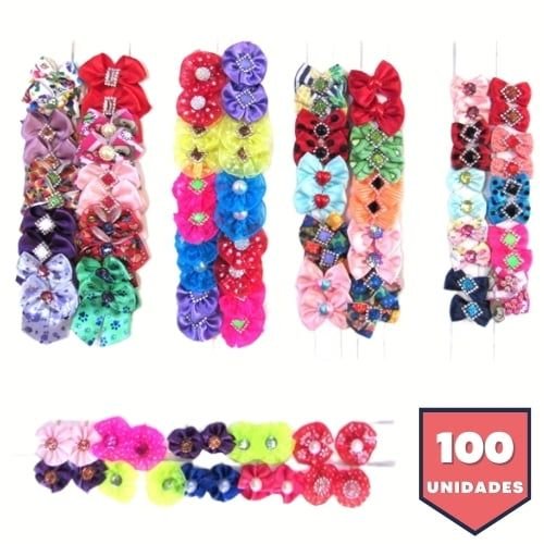 Combina&ccedil;&atilde;o de cores e modelos sortidos no kit de 100 la&ccedil;os pet