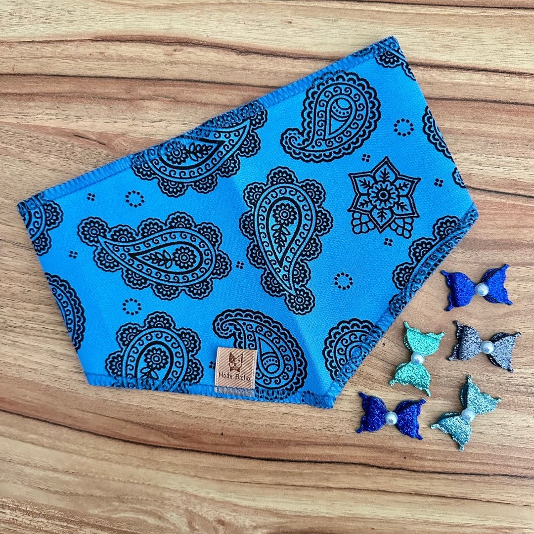 01 kit pet bandana e adesivo tribal azul lacinho 20 un p m ou g g