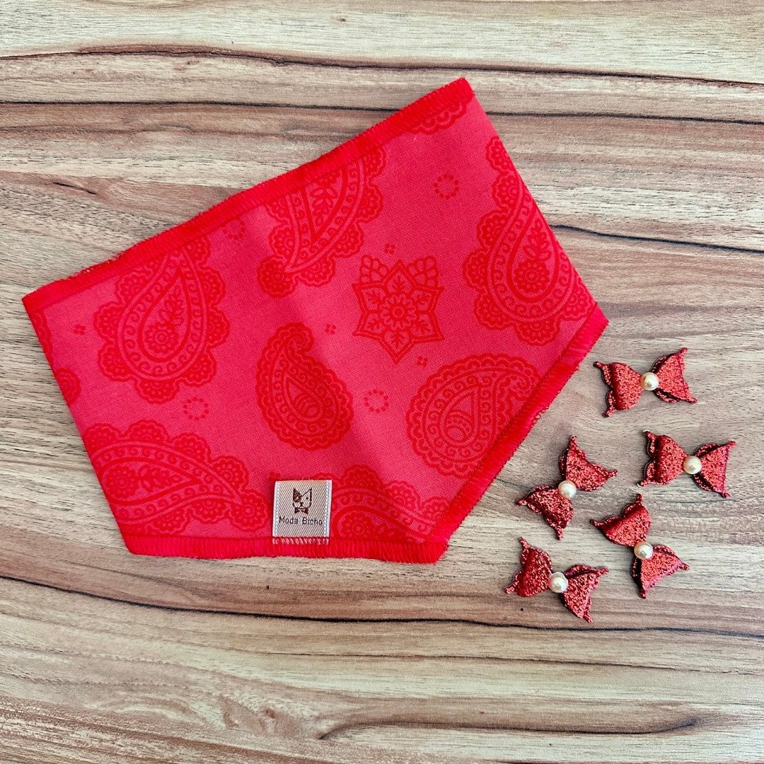 01 kit pet bandana e adesivo tribal vermelho lacinho 20 un p m ou g m