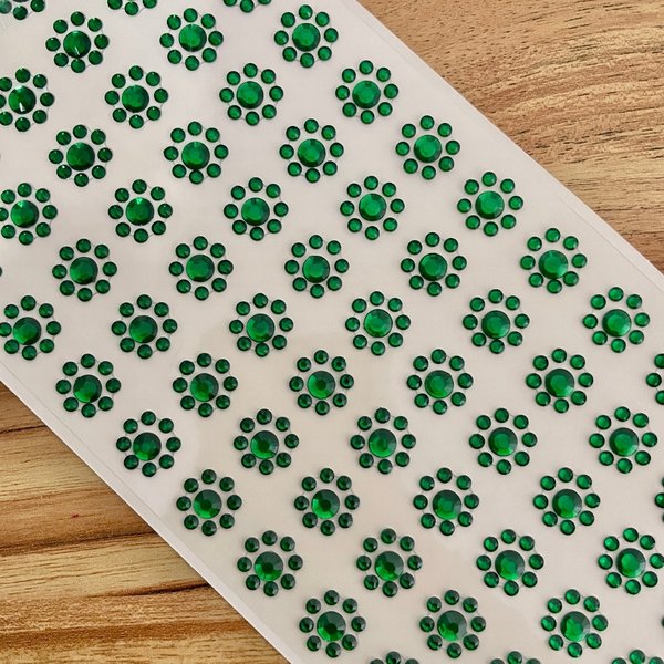 06 cartela adesiva g flor strass cristal 13mm verde bandeira